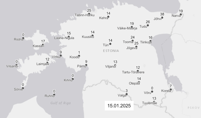Lume paksus 15. jaanuari varahommikul. Kaart: Ilmateenistus